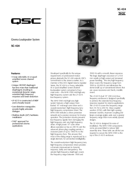 Specifications Sheet for the DCS-SC-424 Loudspeaker