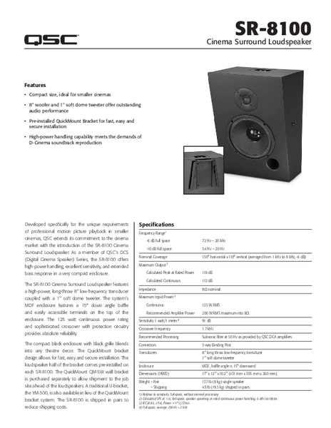 Specification sheet for DCS SR-8100 passive cinema speakers
