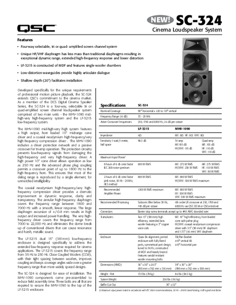 Specifications Sheet for the SC-324 Cinema Loudspeaker