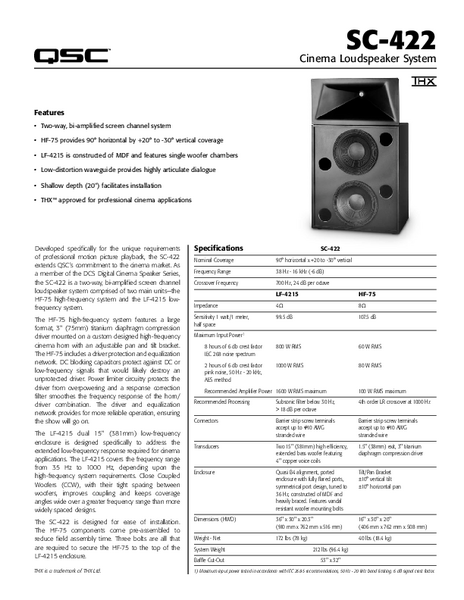 Specifications Sheet for the SC-422 Cinema Loudspeaker