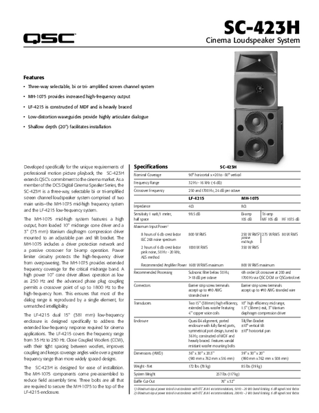 Specifications Sheet for the SC-423h Cinema Loudspeaker