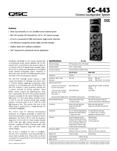 Specifications Sheet for the SC-443 Cinema Loudspeaker
