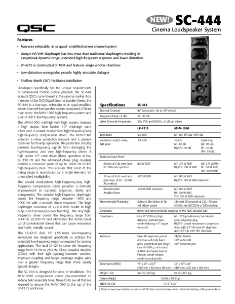 Specifications Sheet for the SC-444 Cinema Loudspeaker