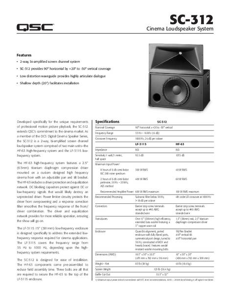 Specifications Sheet for the DCS-SC-312 Loudspeaker