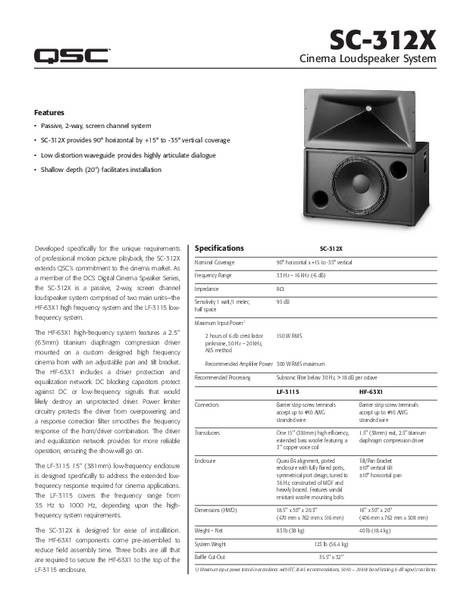 Specifications Sheet for the DCS-SC-312XC Loudspeaker