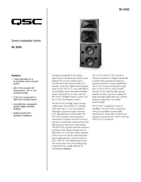 Specifications Sheet for the DCS-SC-323 Loudspeaker