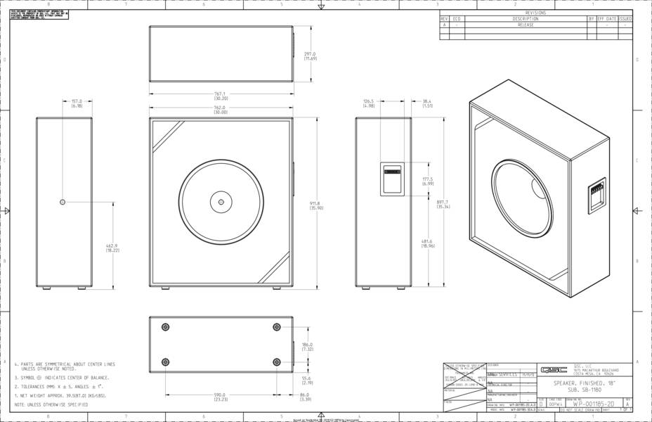 2D Drawing of the SB1180 Subwoofer Loudspeakers